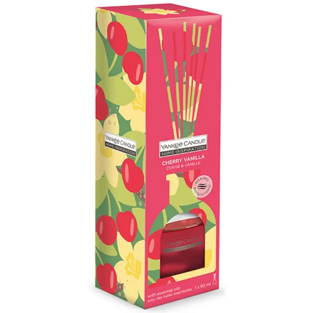 Yankee Candle Home Inspiration Reed Diffuser Cherry Vanilla 90 ml | Geurstokjes Diffuser | Zoete Kers en Vanille | Langdurige Ruimtegeur | Home Fragrance