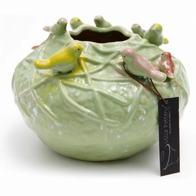 Irishflowers Vaas - Villa Pottery - Decoratie - Woondecoratie - Vogelvaas - Porselein - Waterdicht - Lieve 1_2 Green 9 Birds Groen
