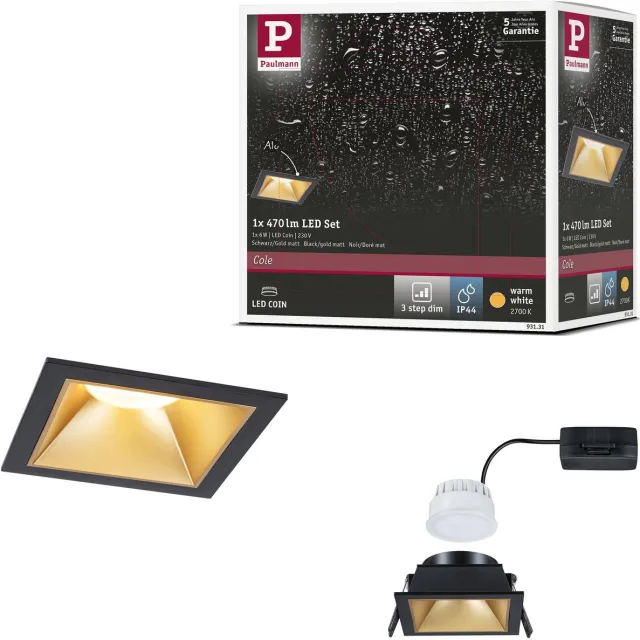 Paulmann LED-inbouwlamp 3-Step-Dim Cole Coin Set van 1 IP44 hoekig 88x88 mm Coin 6W 470lm 230V dimbaar 2700K Zwart, Goud mat