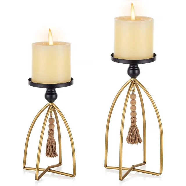 boho-decoratie.nl Stompkaarsenhouder Boho decoratie - set van 2 vintage parels kandelaars decoratief zwart goud metaal boerderij rustiek tafelopzetstuk woonkamer schoorsteenmantel rek home deocoration