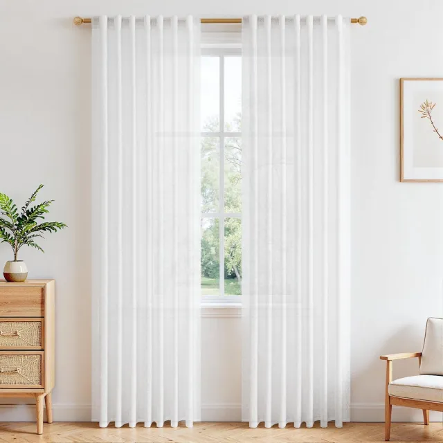 Unyqoos Moderne witte linnenlook gordijnen set met verborgen lussen en stangen