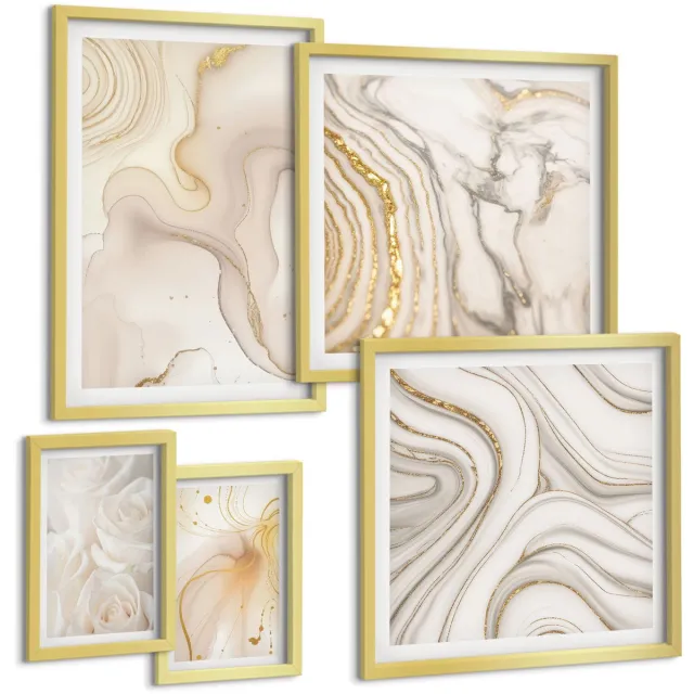 Coloray 5-Delige Schilderij Set - Abstracte Composities In Beige En Witte Tinten. - 50 x 50 cm, 20 x 30 cm En 40 x 60 cm - Stijlvolle Muurdecoratie - Slaapkamer Gouden lijst
