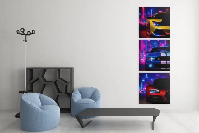 Trendex Global Drieluik Canvas Schilderij Nacht in de Stad – Sportwagens - 3x60x60 cm Kleurrijk