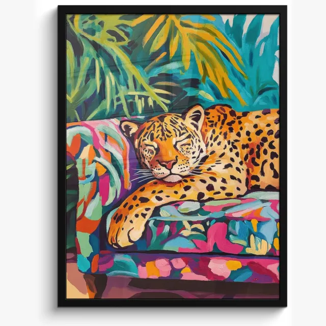 FrameYourWall Poster in lijst - Fotolijst 60x80 cm - Posters - Luipaard - Kleurrijk - Tropisch - Posterlijst zwart - Decoratie - Wanddecoratie woonkamer - Muurdecoratie slaapkamer Luipaard - Tropisch
