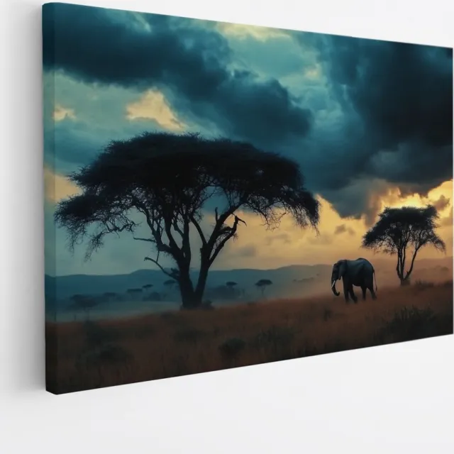 Saammp Canvas Schilderij - Olifant in de serangeti - Storm - Dieren - 40x30 - Foto op canvas - Wanddecoratie - muurdecoratie Woonkamer - Slaapkamer decoratie - Canvas Print Multicolor
