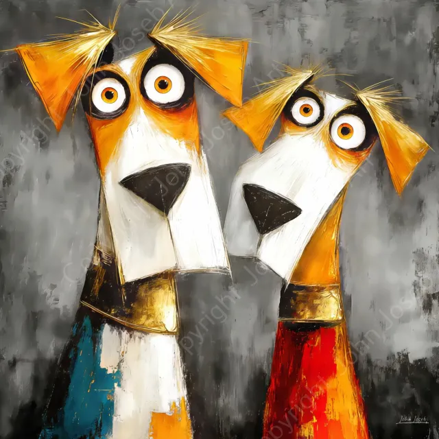 John Joseb Art (Canvas) 100x100 | Gekke grappige honden met grote ogen, humor, kleurrijk, abstract, kunst, vierkant, hond, dier, blauw, goud, rood, geel, grijs, modern | Foto-Schilderij canvas print (wanddecoratie) Canvas, dikte 2 cm