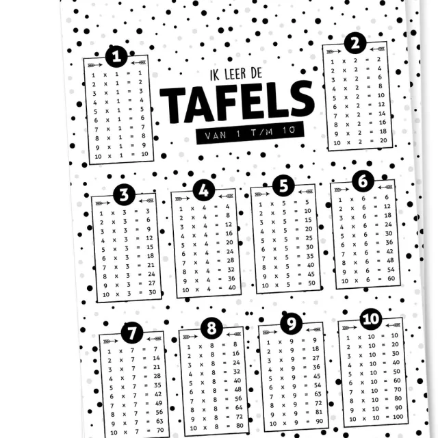 Suede design A4 Tafelposter 1 t/m 10 (set) | Tafels leren | Suede design schoolposter Zwart wit