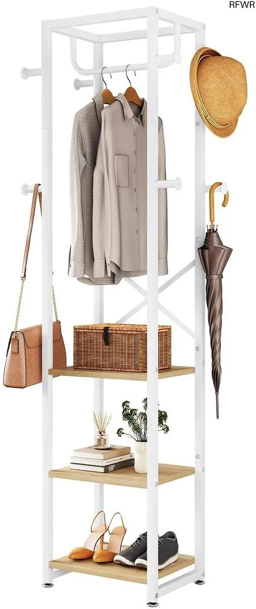 RFWR Vrijstaande Kapstok met 3 Planken en 8 Haken – Industriële Kledingstandaard voor Entree, Hal of Slaapkamer Houtkleur