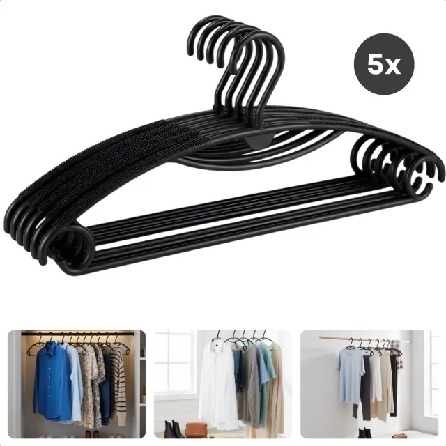 Cheqo Kledinghangers - Kleerhanger - Kleding Hanger Zwart - Kleeerhangers Set Van 5 - Hangers - Draaibare Haak - Inkepingen Voor Bandjes - Kledinghangers Set - Kledingopslag - Garderobe Opruimen - Kleding Organisatie