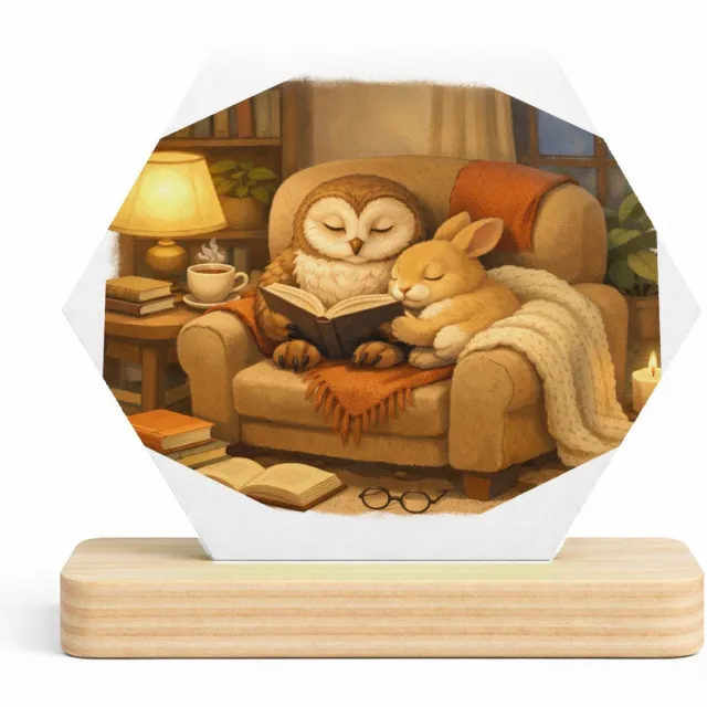 Mr Cadeautjes MDF fotolijst/inleg hexagon 14 x 13 - design Een stille leeshoek met een uil en een konijn op een comfort | cadeau Wit