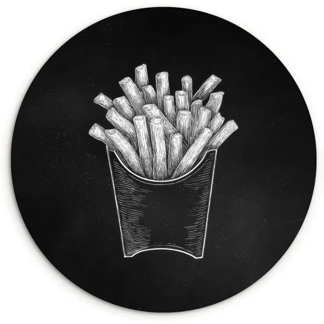 WallCircle Wandcirkel 120x120 cm - Muurcirkel Friet - Witte krijttekening - Zwart - Muurdecoratie woonkamer - Wanddecoratie slaapkamer - Kamer decoratie accessoires - Ronde schilderijen