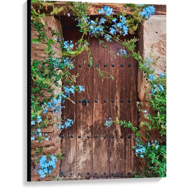KuijsFotoprint Canvas - Houten Deur met Blauwe Bloemen - 75x100cm Foto op Canvas Schilderij (Wanddecoratie op Canvas)