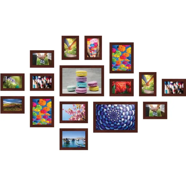 SecaDesign Fotowand bruin 16 fotolijsten PIA16BR met handige template voor plaatsing. 10x 10x15cm, 2x 13x18cm, 2x 15x20cm en 2x 20x30cm fotomaat - fotomuur