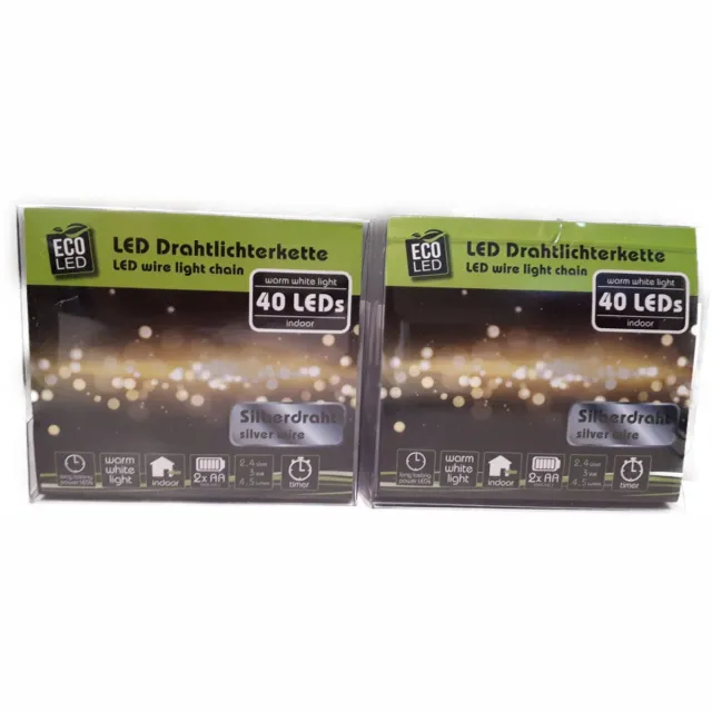 Eco-Led Led draad verlichting - 40 LEDS - 4,2 meter - Warm wit - Kerstverlichting - Werkt op batterij - Voor binnen - Timer - Voordeel set van 2 stuks