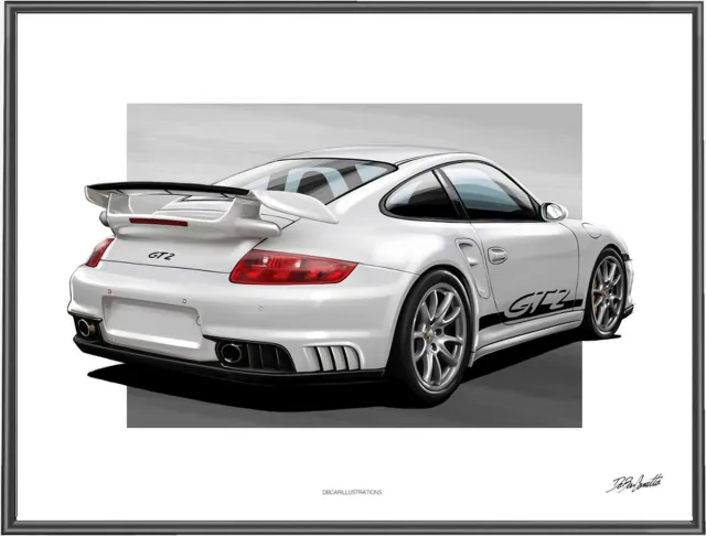 Automotive Mugs Porsche 911 (997) GT2 - 40x30 cm - getekende poster - hoogwaardige print Wit