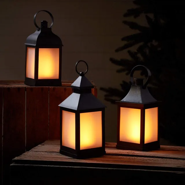 Unyqoos Set van drie weerbestendige LED-lantaarns met vlameffect en timer zwart
