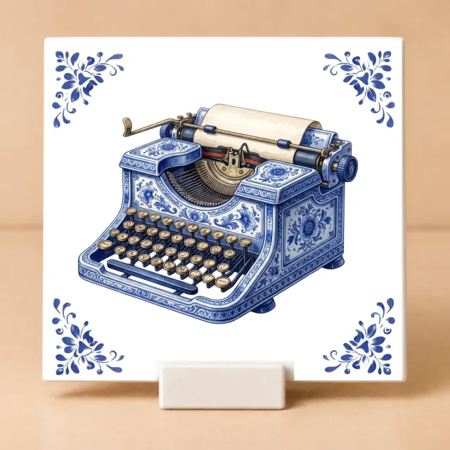 Bedruk King Delftsblauw Tegeltje 11x11 Schrijfmachine – Cadeau voor Schrijver of Taalfanaat Wit
