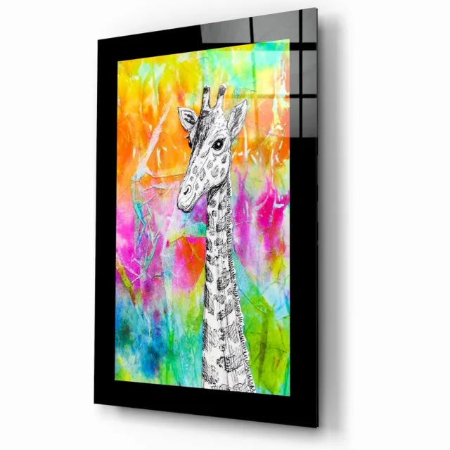 Insigne Art Glasschilderij – Giraffe met Inkt en Neonspetters – Kunstzinnige Wanddecoratie meerkleurig