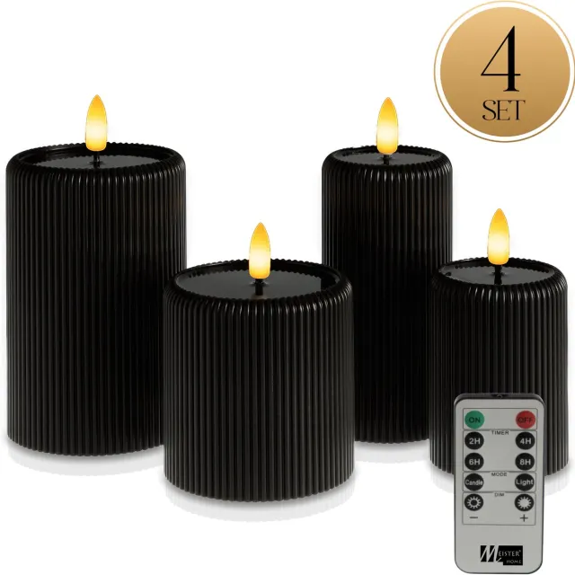 Meisterhome LED Kaarsen 4-delige Set Zwart – Flikkerend Licht – Met Afstandsbediening & Timer – Batterijverlichting – Ø7,5/10 cm, Hoogte 10/15 cm – Ribbeldesign – Vlamloos & Energiezuinig Zwart-