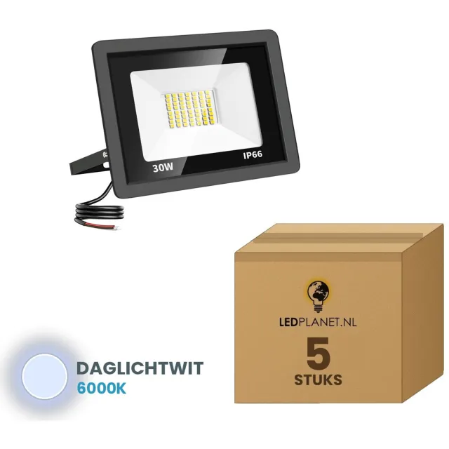 Tsong LED Schijnwerper 30W - 5 stuks - 3.000 lm - Daglichtwit 6000K - 120° Breedstraler - IP66 - Buitenlamp & Gevelverlichting - 2 jaar garantie