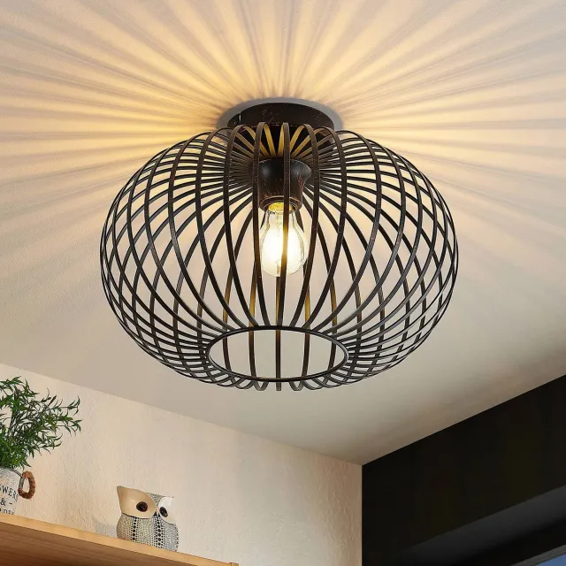 Lindby plafondlamp - 1licht - Staal - H: 25.5 cm - E27 - zwart, geborsteld koper