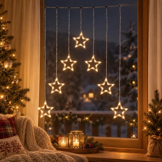 Konstsmide Lichtgordijn - 2x - 118 x 72 cm - 35 LED lampje - warm wit - 7 sterren - raamverlichting - kerstverlichting raam