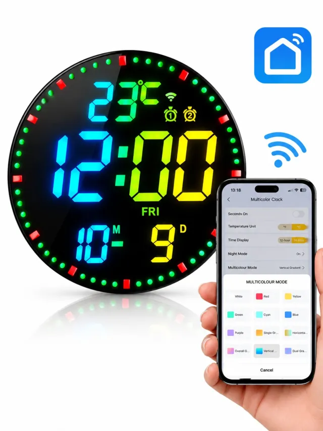 kitazone Slimme Digitale RGB LED Wandklok 12 Inch - WiFi & Smart Life App - Met smartphone Afstandsbediening & Thermometer - Rond -Zwart Zwart-Smart app-wifi-Rond