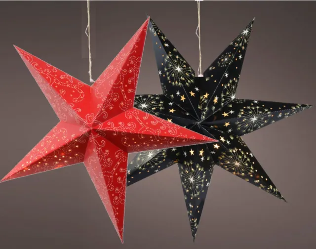 Decoris Verlichte kerststerren - 2x st - rood en zwart - 60 cm - papier - op batterijen