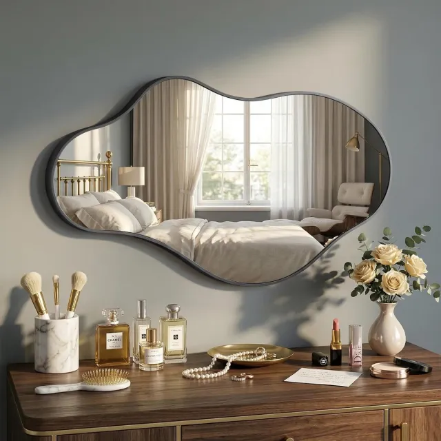 FahomissOfficial Asymmetrische wandspiegel - 50 x 90 cm - zwart - abstracte spiegel met onbreekbaar aluminium frame - golfvorm - voor badkamer - slaapkamer - kleedkamer - entree