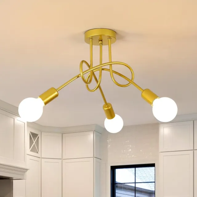 Haobosic Gouden slaapkamer kroonluchter industriële plafondlamp E27 3 lampen vintage ijzer voor woonkamer keuken eetkamer (lamp niet inbegrepen) Golden