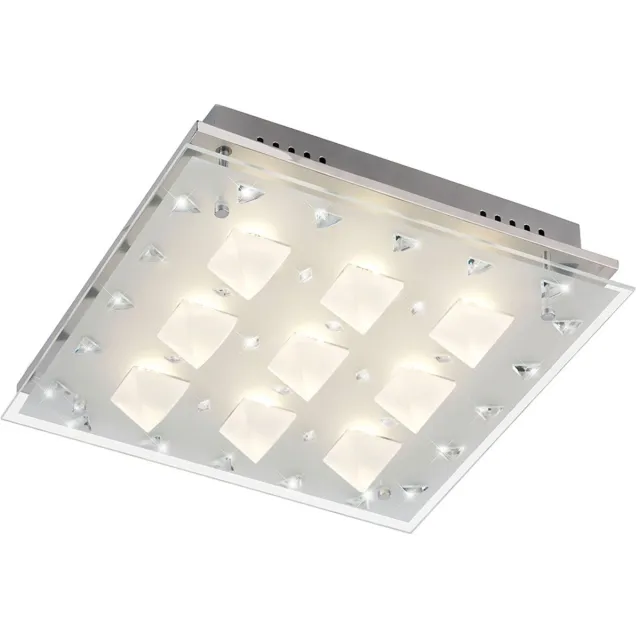 ESTO Plafondlamp kristal LED plafondlamp chroom woonkamerlamp, gesatineerd glas, 9x 3W, 9x240lm 3000K, LxBxH 38x38x14 cm