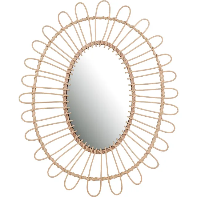 Natural Living Wandspiegel - Boho/ibiza stijl - bloemdesign - rotan - lichtbruin - ovaal - 52 x 60 cm