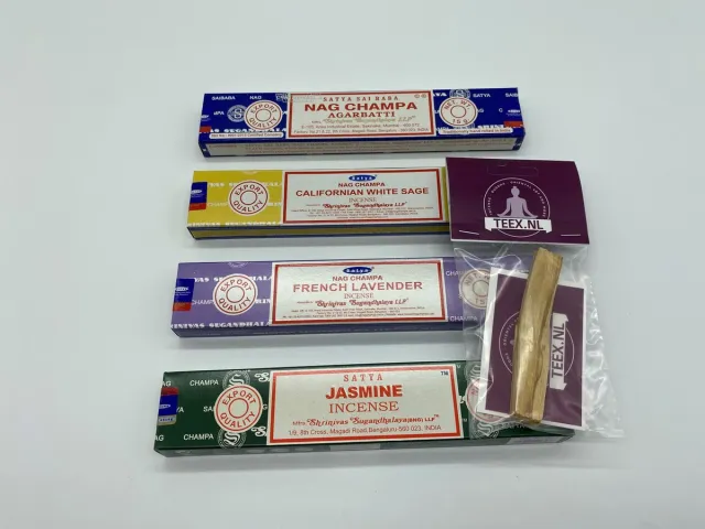 HEM Satya –Jasmine – Sai Baba nag champa – Californian White Sage– French lavendel ** bestseller ** top 4 geuren *** Gratis Palo Santo stick- TEEX.NL – wierook – wierookstokje – 80 stokjes- white sage – lavendel – nag champa - jasmijn Satya 4