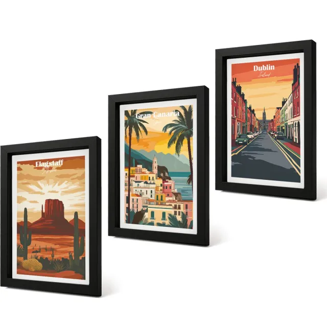 Coloray 4-Delige Schilderij Set - Stads- en natuurlandschappen in warme kleuren - 20 x 30 cm - Wanddecoratie - Schilderijen Set - Interieur - Stijlvolle Muurdecoratie Zwarte lijst