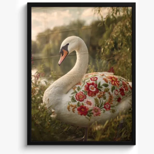 FrameYourWall Poster in lijst - Fotolijst 50x70 cm - Posters - Zwaan - Bloemen - Natuur - Posterlijst zwart - Decoratie - Wanddecoratie woonkamer - Muurdecoratie slaapkamer