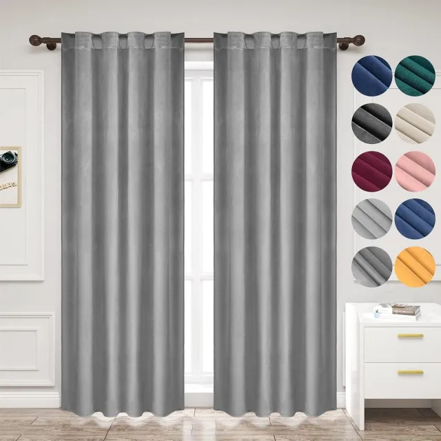 Woltu Set van 2 fluwelen gordijnen, ondoorzichtige verduisteringsgordijnen met ruchesband, thermisch gordijn, 300 g/m² zware fluwelen verduisteringsgordijnen voor slaapkamer, woonkamer, 140 x 245 cm (B x H), grijs