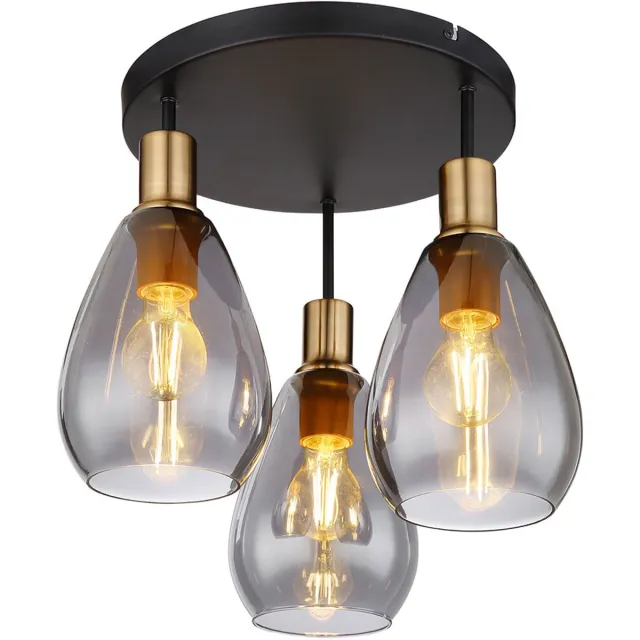 Globo Lighting Plafondlamp eettafel plafondlamp woonkamerlamp, 3 vlammen retro, rookglas metaal zwart messing, stopcontacten 3x E27 DxH 38x38 cm Grijs
