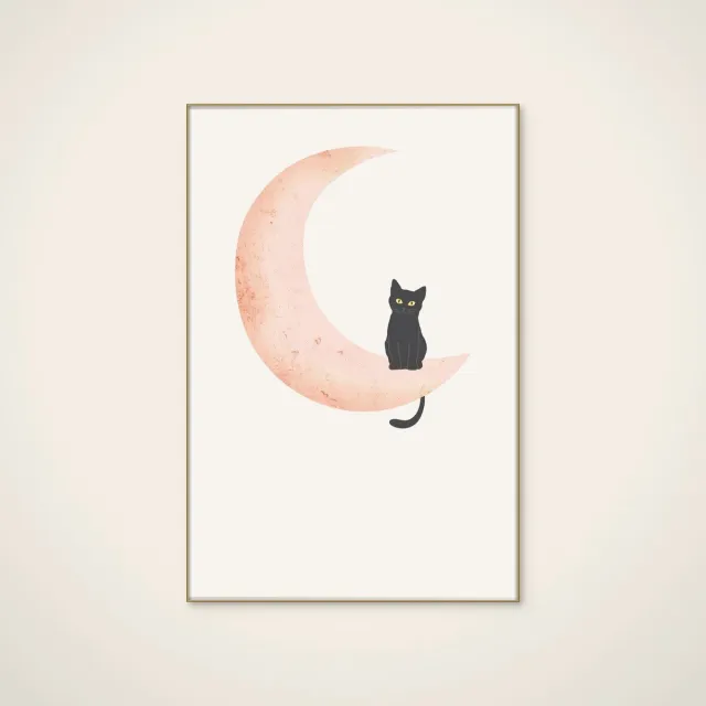 HelloWalls Akoestisch schilderij - 60 x 90 cm - Cat Crescent Moon van Melloi Art Prints - Dieren wanddecoratie - goud textielframe Meerkleurig