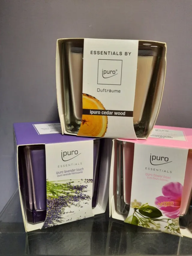 Ipuro geschenkset geurkaarsen 3 stuks ipuro - lavendel - cederhout- flowerbowl - moeder dag - verjaardag - kerst - valentijn paars - roze - lichtbruin