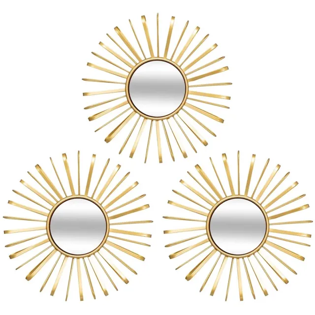 Atmosphera Wandspiegels set 3x stuks Metal Sun - Boho/ibiza stijl - metaal - goud - D24 cm per stuk Goudkleurig
