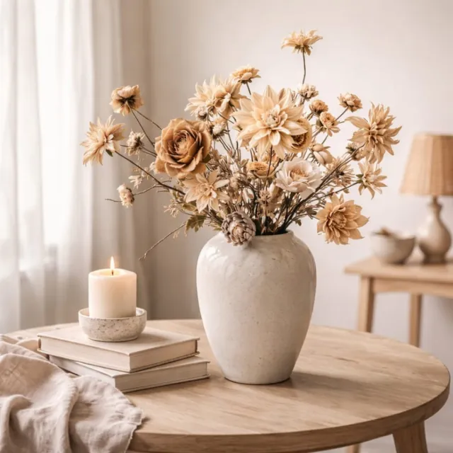 Createyourhome Natural Grace - Zijden boeket - Zijden bloemen boeket - Boeket Japandi - Groot Zijden boeket - Beige - Naturel - Organisch creme