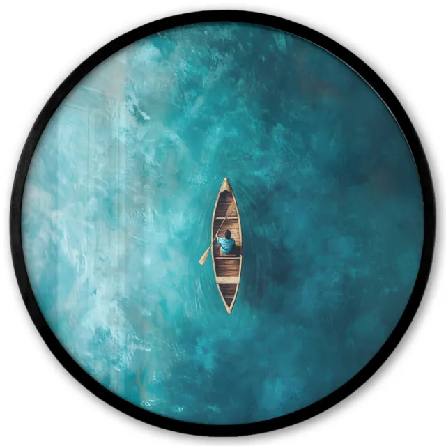 FrameYourWall Poster in lijst Rond - Fotolijst 40x40 cm - Posters - Bootje - Water - Blauw - Ronde posterlijst zwart - Decoratie - Wanddecoratie woonkamer - Muurdecoratie slaapkamer