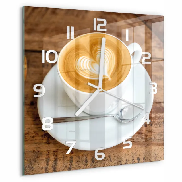 TULUP Wandklok - Koffie in een kopje Gekleurde Glazen Klok - 30x30 cm - Bruin Glazen Klok Met Print - Witte handen - Vierkante Klok - Moderne Wandklok Glas - Wandklok Glas Decoratie