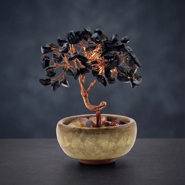 Homonoia Zwarte Obsidiaan Edelsteenboom – Handgemaakte Kristallen Boom Decoratie – Kracht & Bescherming
