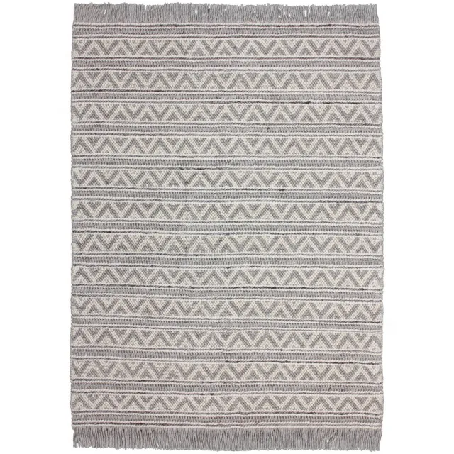 Padiro stijlvol laagpolig vloerkleed 120 x 170 cm - lichtgrijs - geometrisch boho-patroon - met franjes - voor vloerverwarming - van wol, viscose en katoen