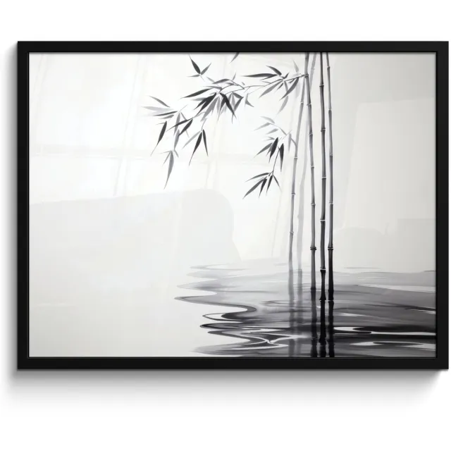 FrameYourWall Poster in lijst - Fotolijst 70x50 cm - Posters - Bamboestammen - Water - Minimalistisch - Wit - Posterlijst zwart - Decoratie - Wanddecoratie woonkamer - Muurdecoratie slaapkamer