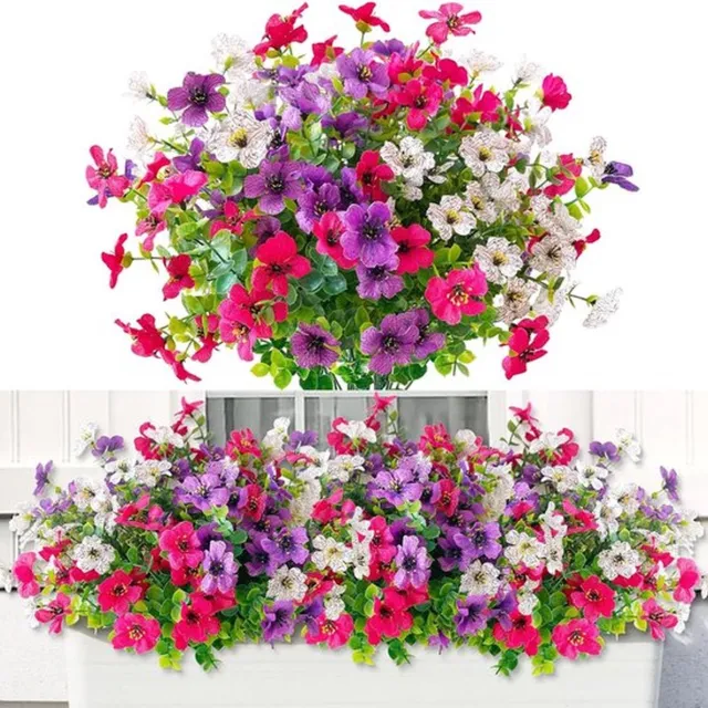 Mrilary 6 bundels kunstbloemen voor buiten, kleurrijke kunstbloemen, UV-bestendig, kunstbloemenboeket voor buiten, binnen, tuin, verandadecoratie (Wit, Roosrood, Paars)