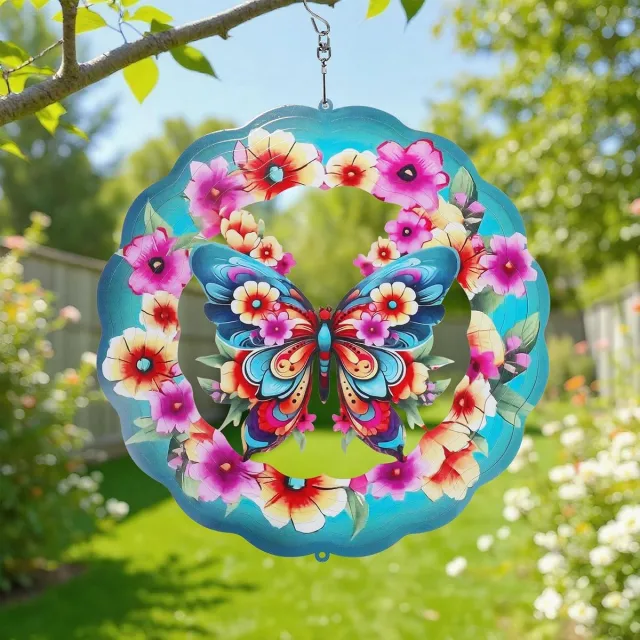 OEMG Vlinder bloem windspinner, kleurrijk roestvrij staal, 3D tuin hangdecoratie, vogelverjager met draaibare haak