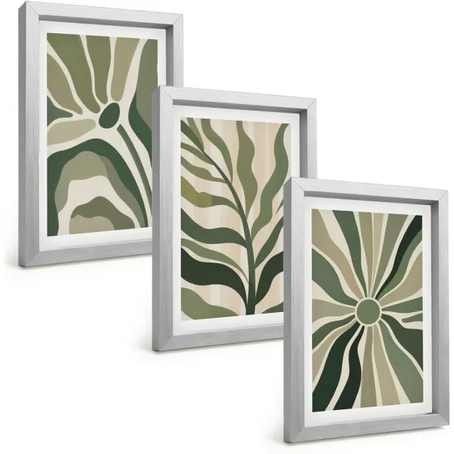 TULUP 4-Delige Schilderij Set - Plantenpatronen in tinten groen en beige - 20 x 30 cm - Stijlvolle Muurdecoratie - Kantoor - Interieur Decoratie Zilveren lijst