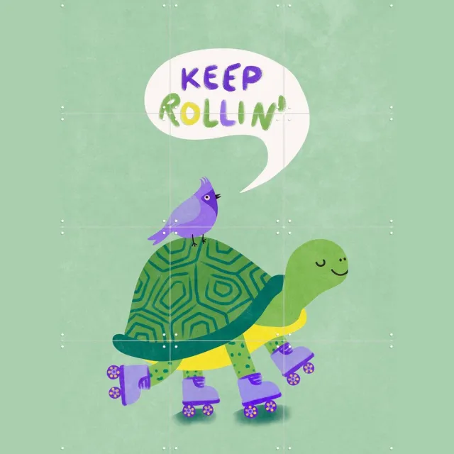 IXXI Turte With Bird - Keep Rollin, Raissa Oltmanns - 60 x 80 cm - Grote wanddecoratie en posters - Kleurrijk, Illustraties, Speels, Cartoonesk Groen